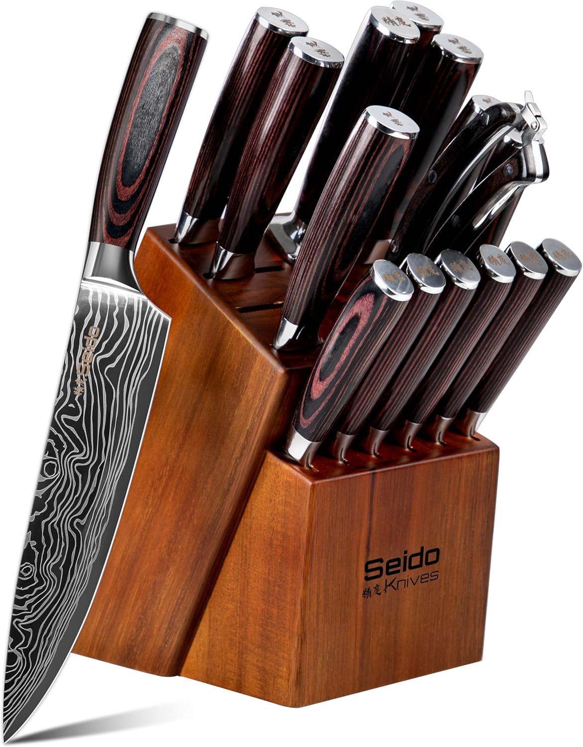 Seido Knives: bloque de acacia con conjunto 17 piezas para precisión profesional.
