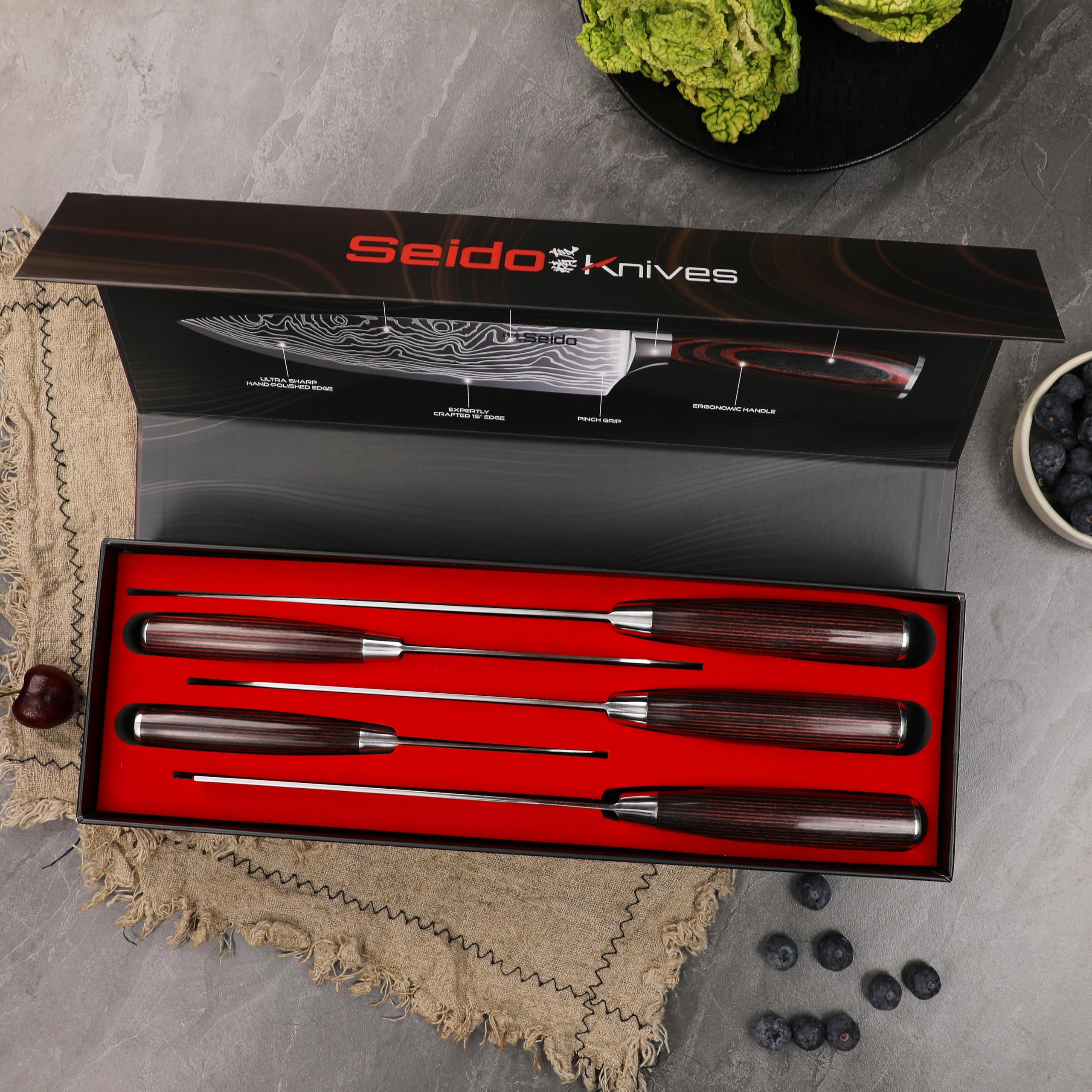 Seido Knives doble bisel 50/50: apto para diestros y zurdos.