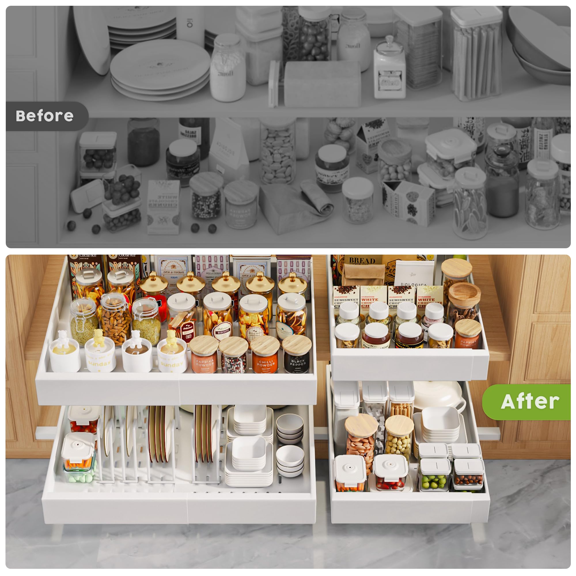 Diseño que maximiza el espacio en la cocina y facilita la organización.