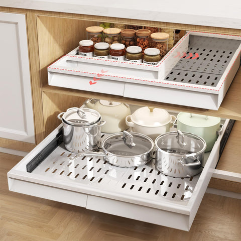 Organizador de cajón deslizante expandible Seinloes para cocina, acceso rápido a utensilios.