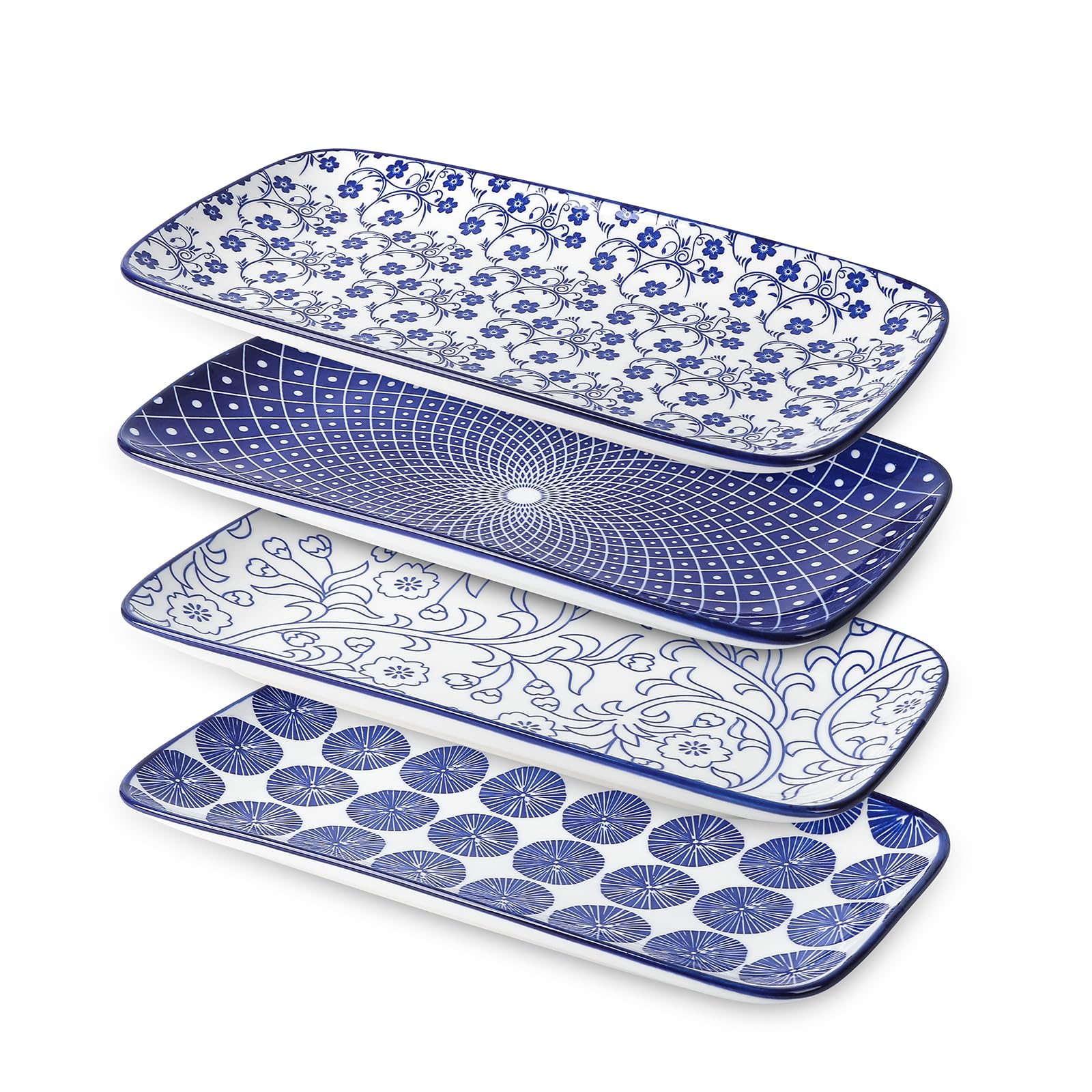 Bandeja rectangular Selamica de cerámica 12 pulgadas en azul vintage, ideal para servir postres.
