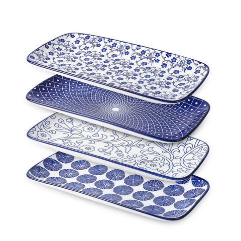 Bandeja rectangular Selamica de cerámica 12 pulgadas en azul vintage, ideal para servir postres.