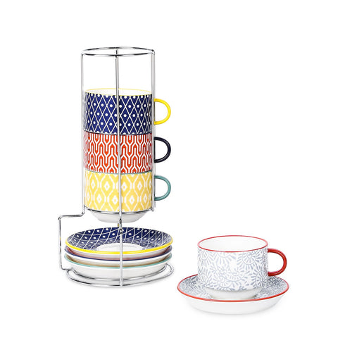 Selamica tazas cappuccino de cerámica con platillos y soporte metálico para exhibir en cocina.