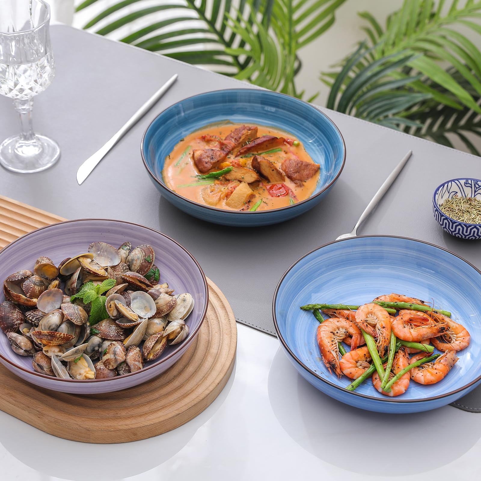 Conjunto de 6 cuencos para pasta de cerámica Selamica, color azul.