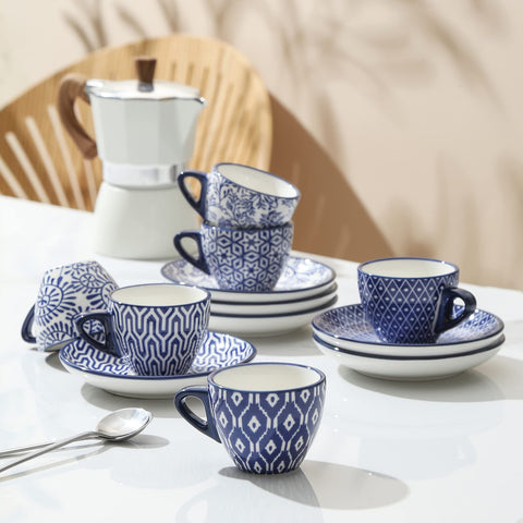 Selamica conjunto seis tazas espresso azul vintage, ideal para eventos y regalos.
