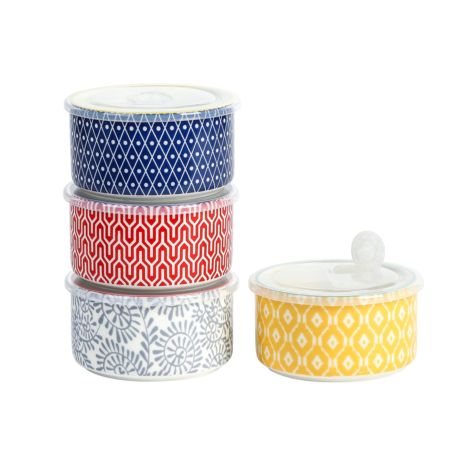 Conjunto de cuencos cerámicos Selamica con tapas para almacenamiento seguro.