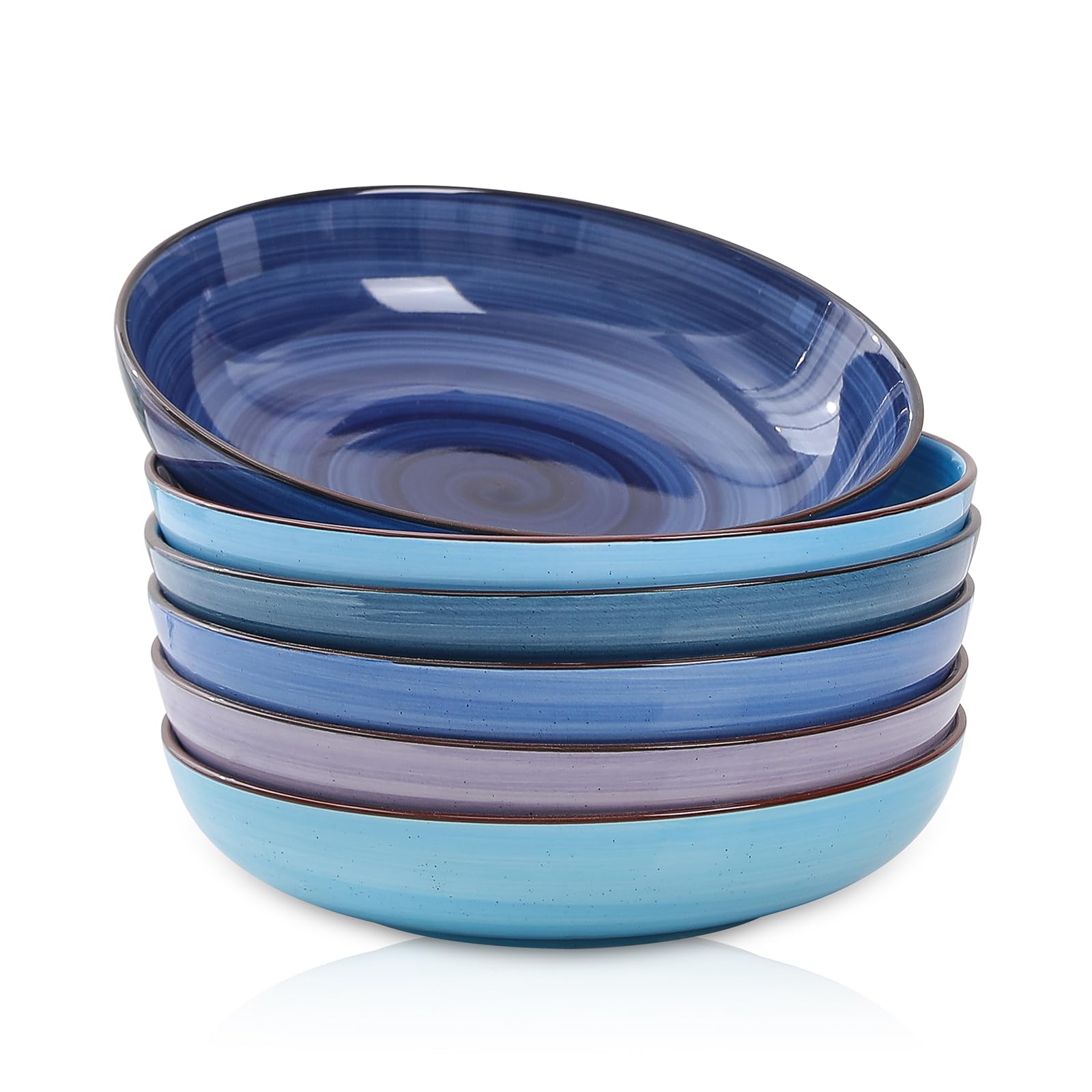 Cuenco cerámico Selamica para pasta con acabado gradiente azul y diseño espiral.