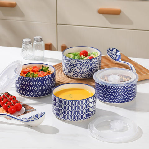 Selamica diseño azul vintage en tazones cerámicos, toque decorativo para mesa