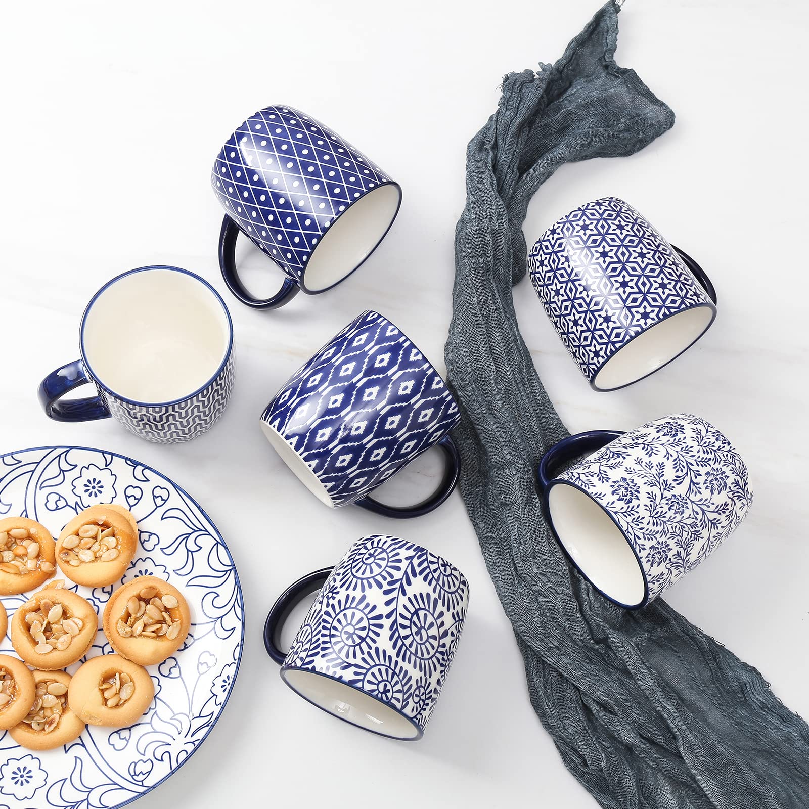Selamica diseños vintage azul, tazas cerámicas resistentes para uso diario.