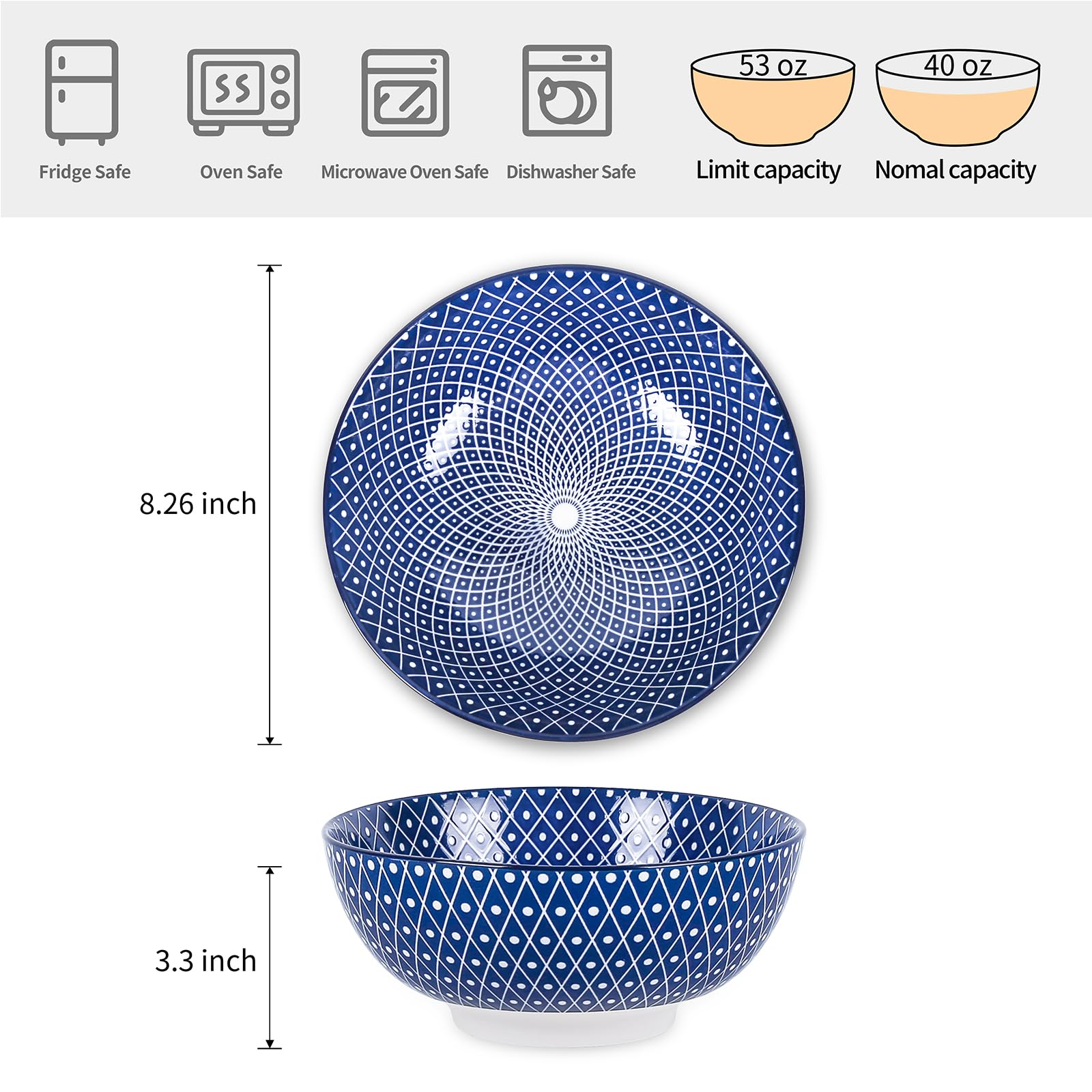 Ensaladera Selamica para ramen y pasta, cerámica azul resistente para uso diario