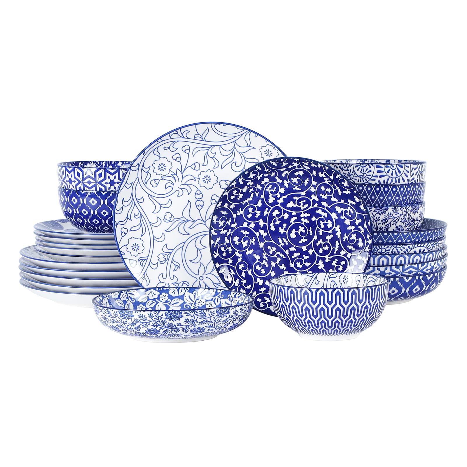 Selamica juego de platos para seis personas con diseño azul vintage.