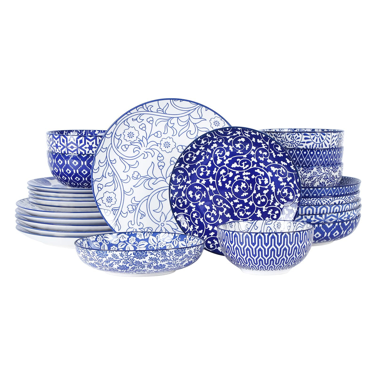 Selamica juego de platos para seis personas con diseño azul vintage.