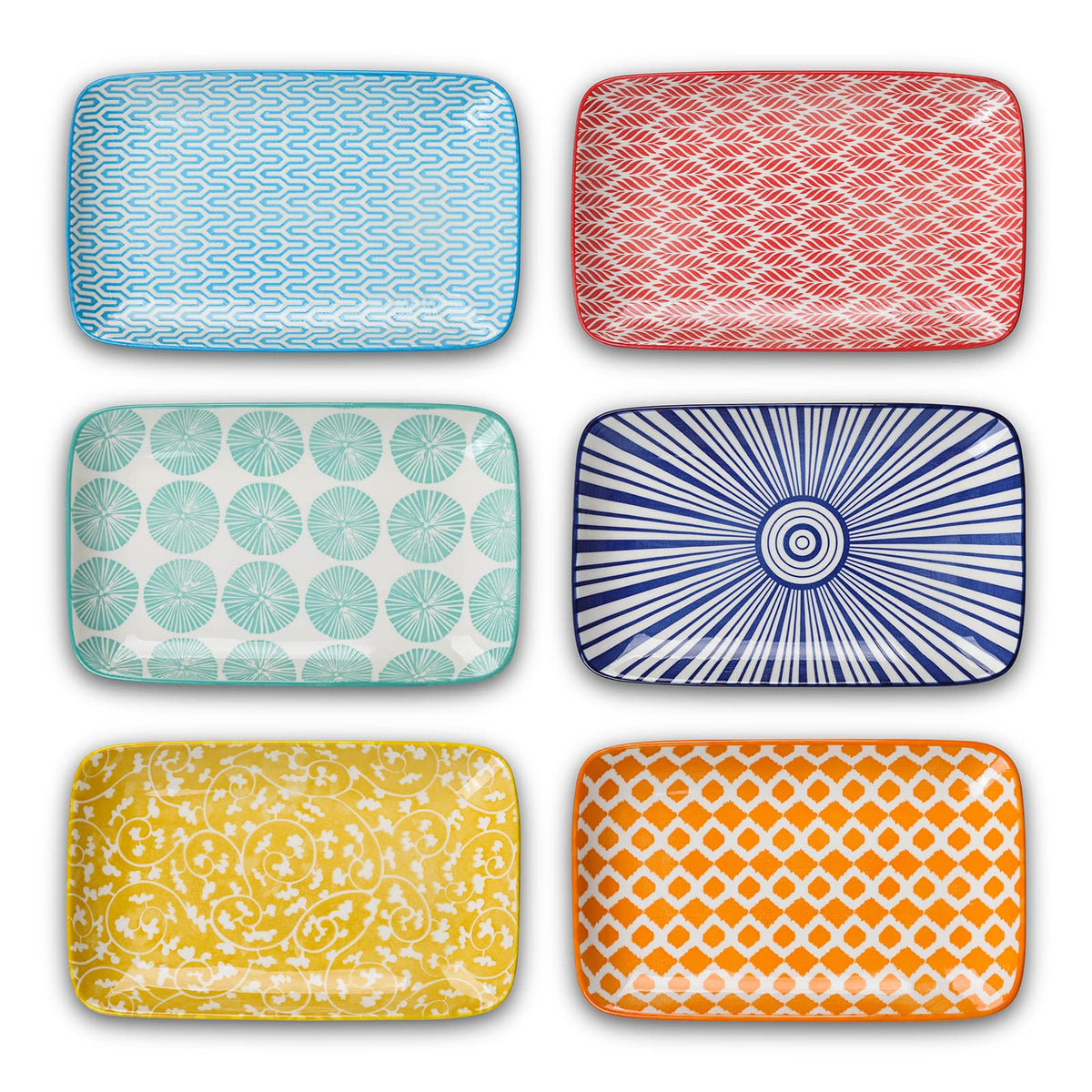 Selamica platos rectangulares azul con patrón, ideales para ensaladas y presentaciones atractivas.
