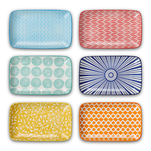 Selamica platos rectangulares azul con patrón, ideales para ensaladas y presentaciones atractivas.