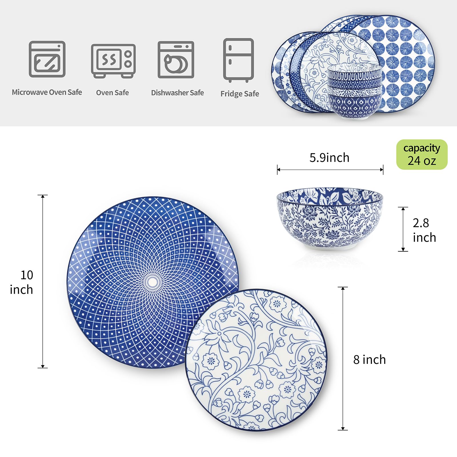 Plato Selamica de 10 pulgadas, azul vintage, perfecto para platos principales.