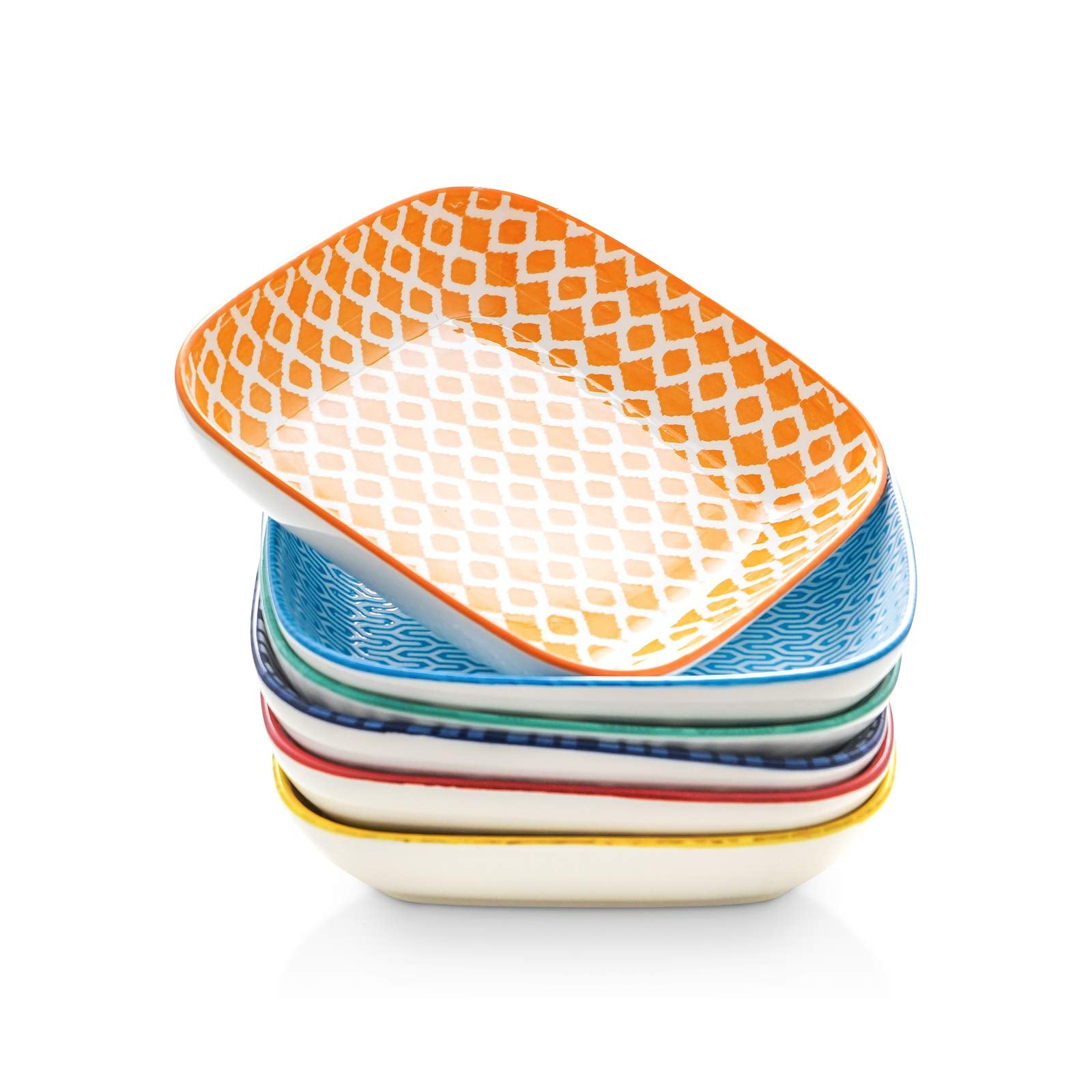 Selamica platos-cuadrados-8pulgadas, colores-vivos, ideales para ensaladas y pasta.