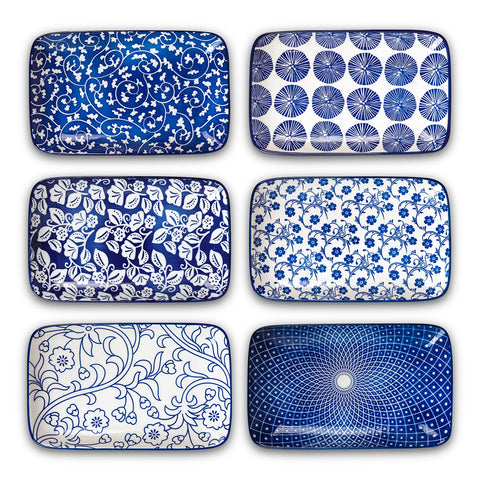 Selamica plato rectangular para ensaladas, estilo azul vintage, ideal para porciones equilibradas en mesa