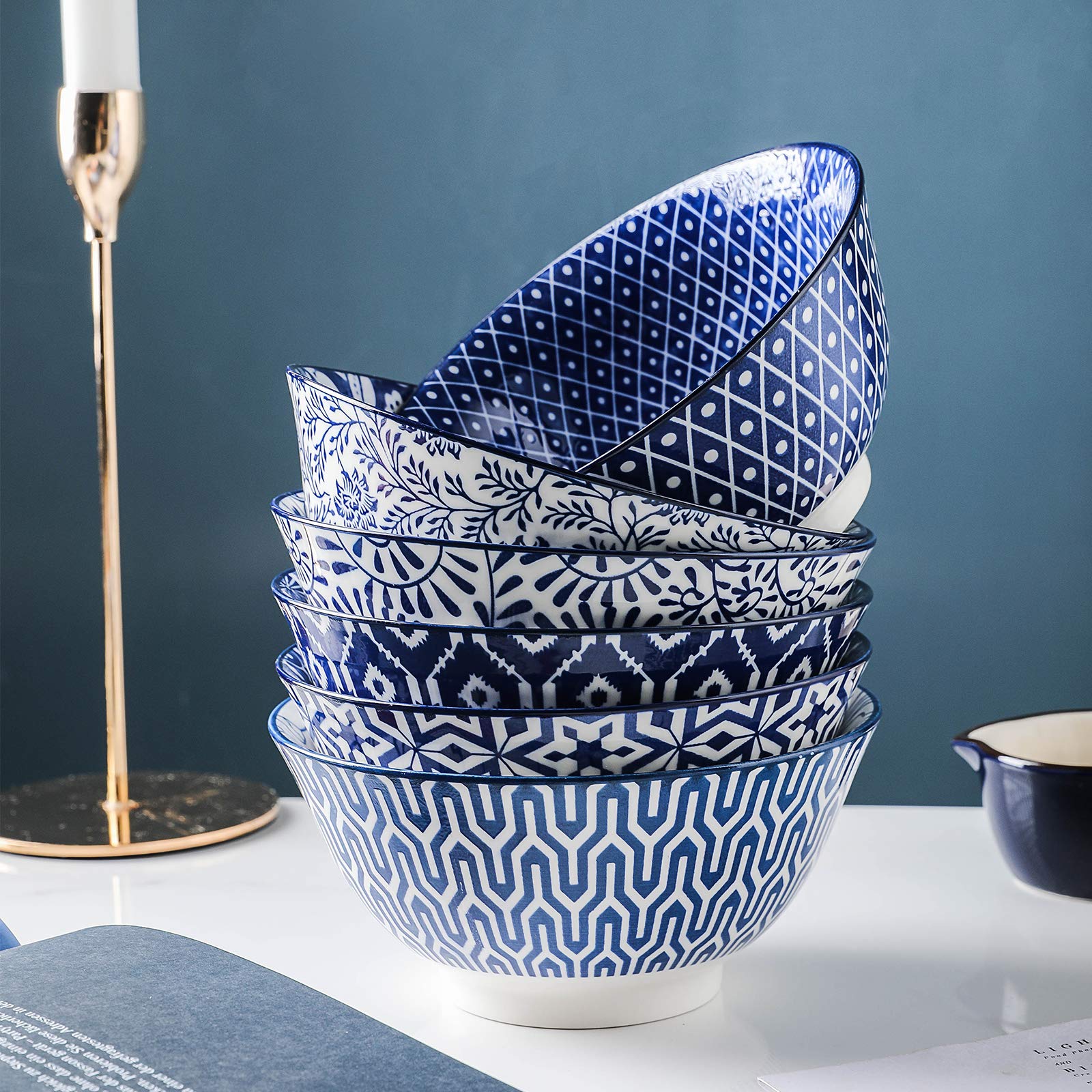 Patrón azul y blanco en porcelana Selamica, set de 6 tazones.
