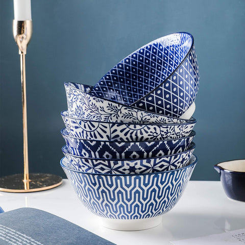 Patrón azul y blanco en porcelana Selamica, set de 6 tazones.