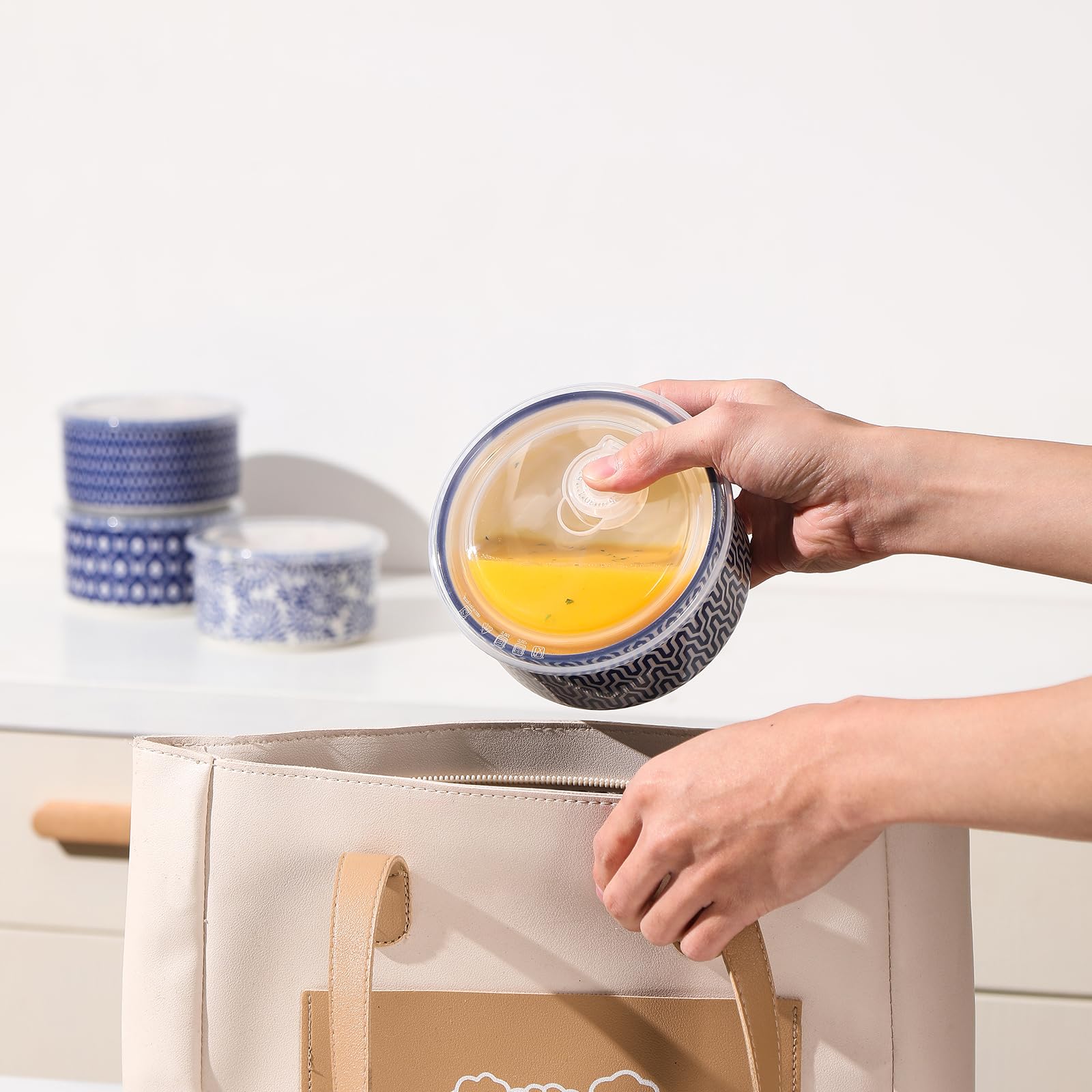 Selamica tapas anti-derrame para tazones cerámicos azules, ideal para transportar almuerzos
