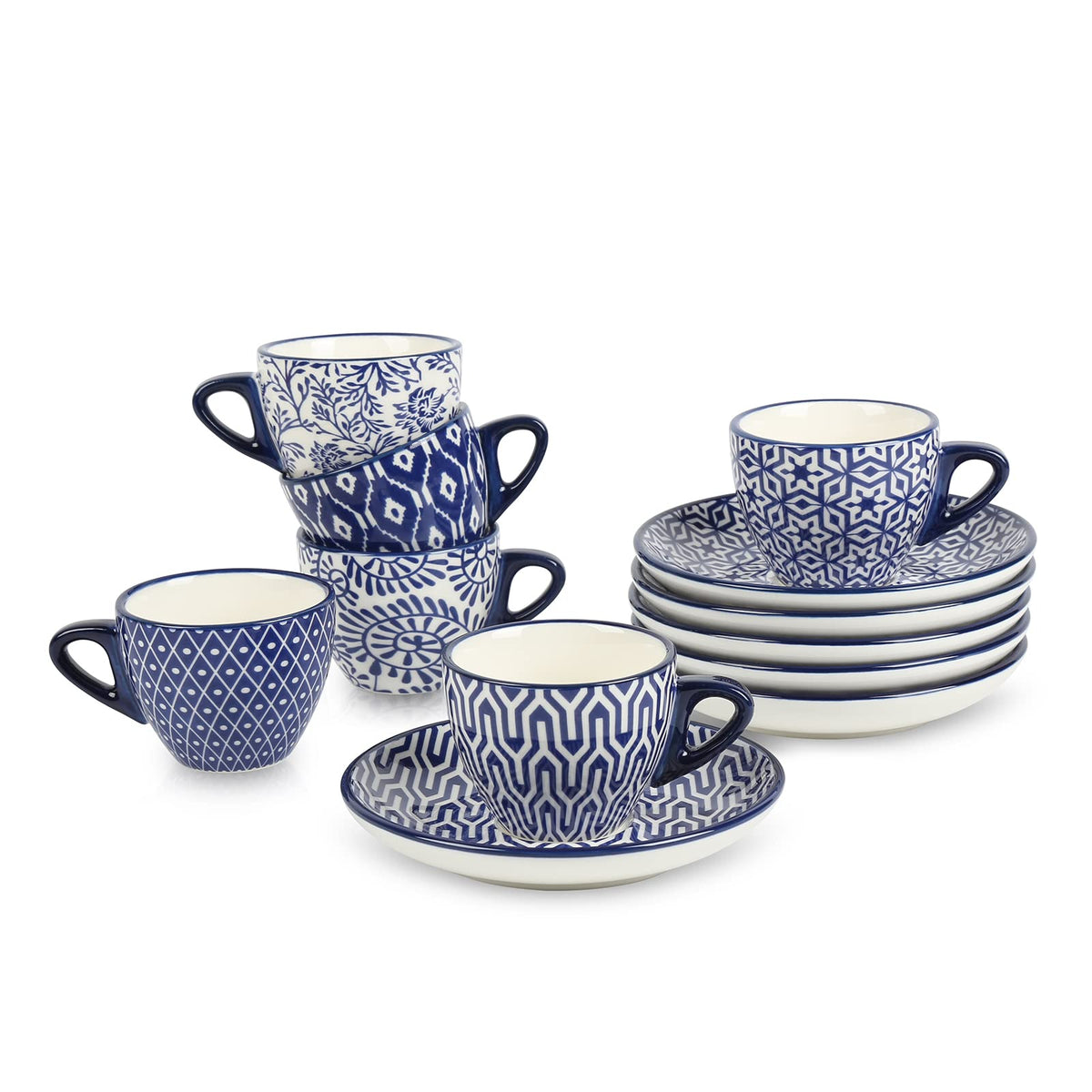 Selamica, taza espresso 2oz azul vintage con platillo, perfecta para degustaciones.