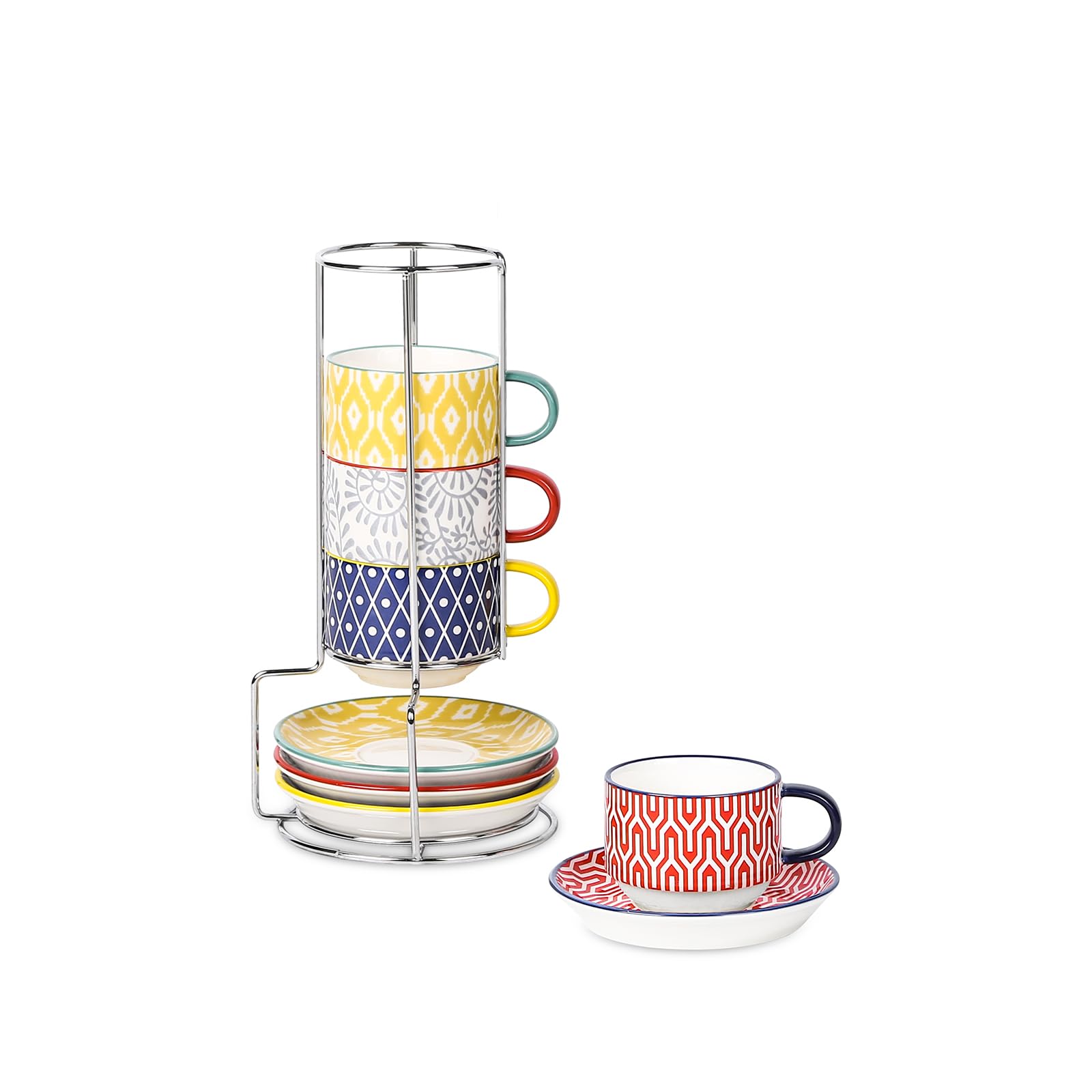 Selamica tazas demitasse cerámica con platillos y soporte metálico para un servicio elegante.