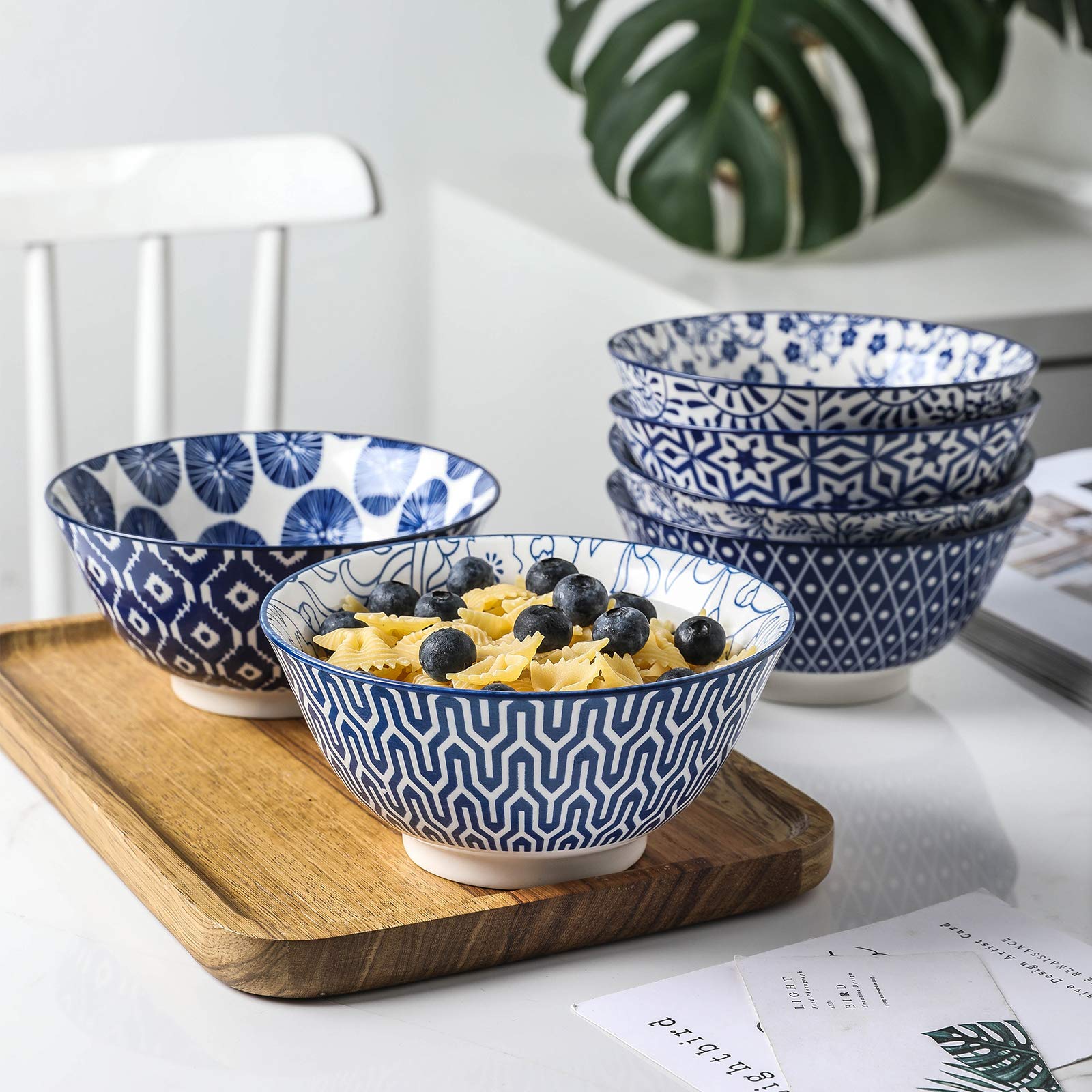 Conjunto de tazones Selamica para ensaladas, 20oz, estilo azul blanco.