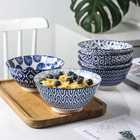 Conjunto de tazones Selamica para ensaladas, 20oz, estilo azul blanco.