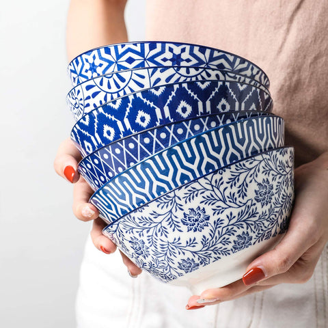 Tazón Selamica para pasta, porcelana azul y blanco, 20oz.