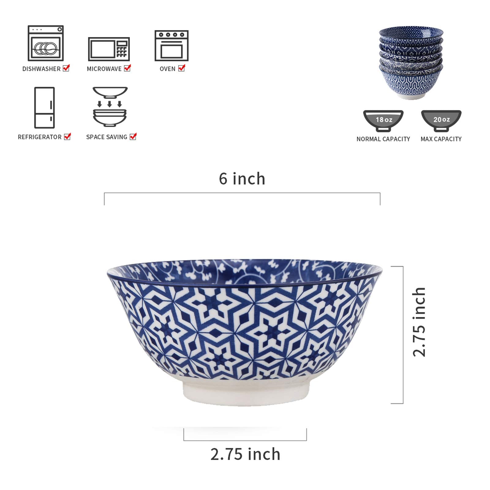 Tazón Selamica de sopa azul y blanco, apto para microondas.