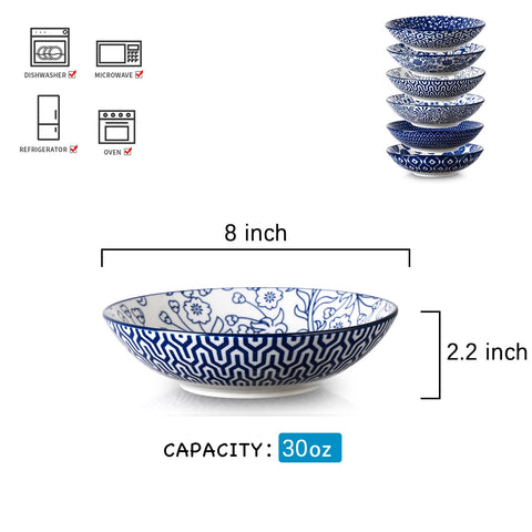 Tazones Selamica con diseño vintage azul para servir pasta, ensaladas y sopas
