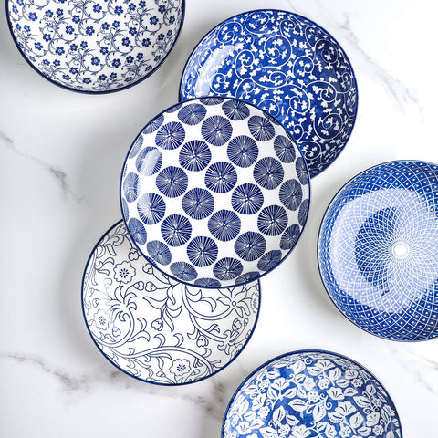 Selamica tazones diseño chino azul blanco inspiración tradicional.