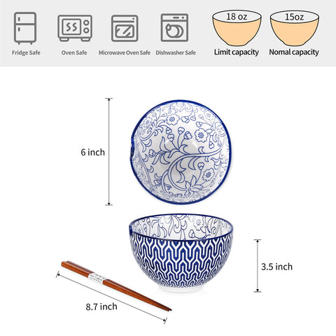 Selamica tazones ramen con diseño azul vintage para una mesa elegante