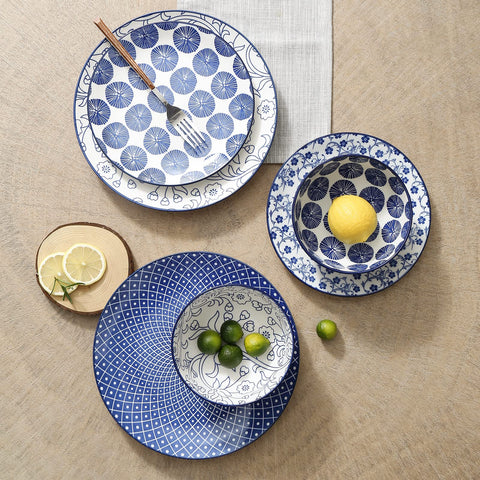 Vajilla Selamica 12 piezas, diseño ornamental azul, ideal para cenas y regalos.