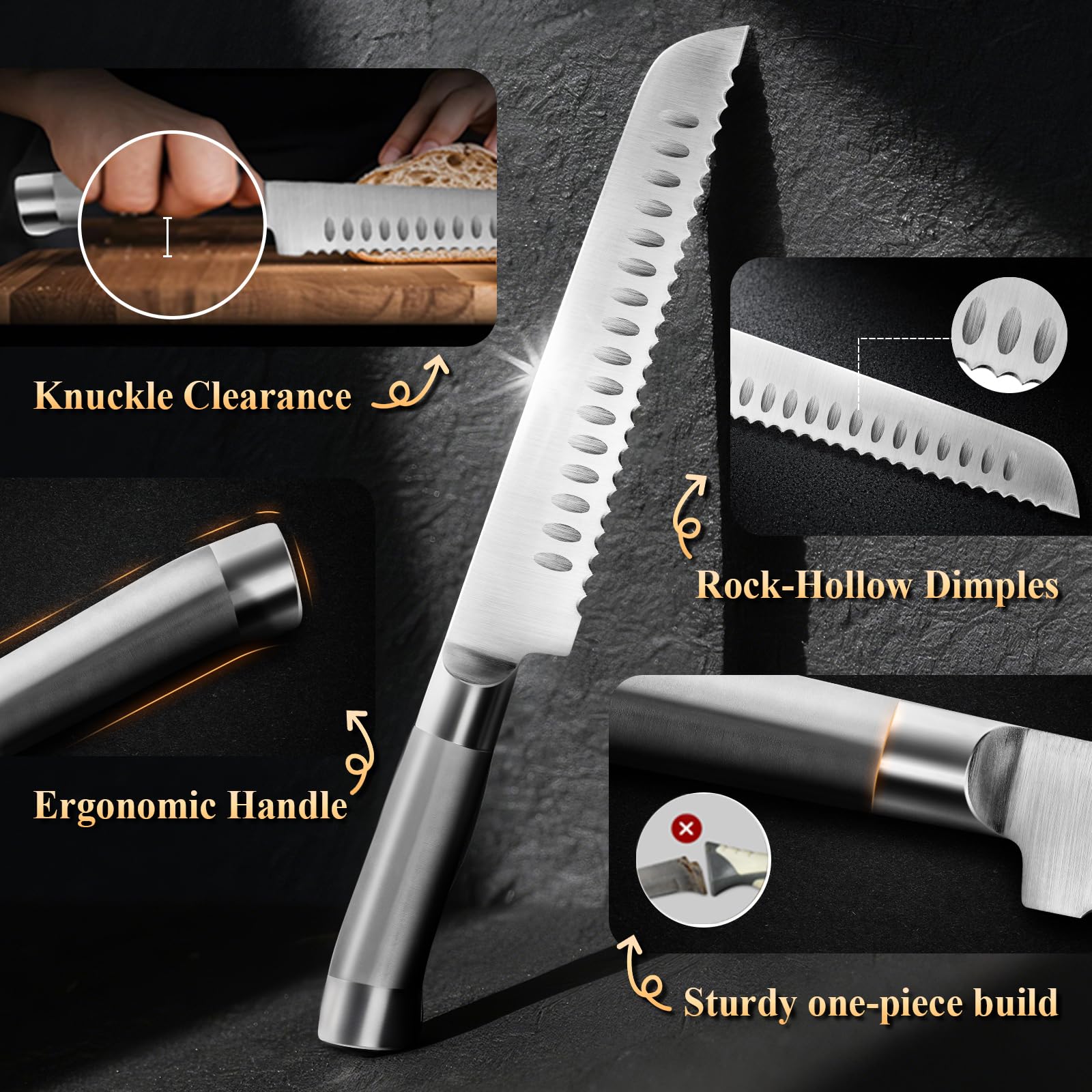 SeLucky cuchillo pan masa madre, cuerpo antiadherente con microdentado para cortes limpios.