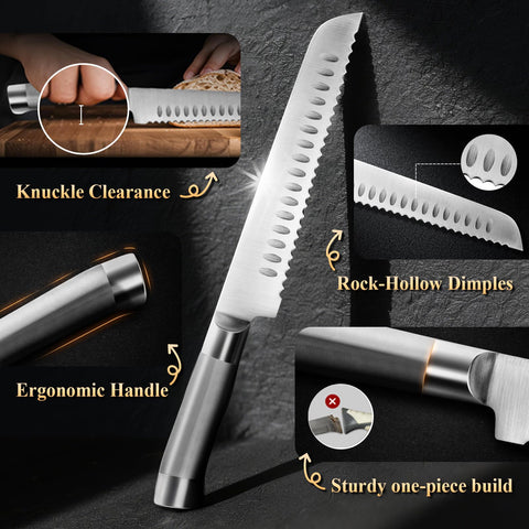SeLucky cuchillo pan masa madre, cuerpo antiadherente con microdentado para cortes limpios.