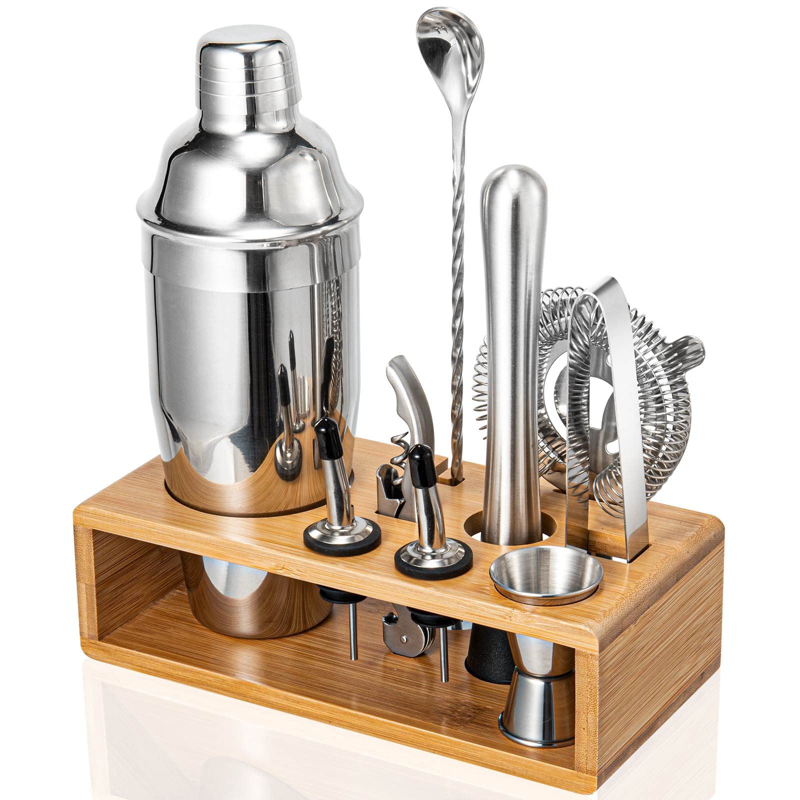 Semderm Conjunto de cocteles con soporte de bambú para organización elegante.