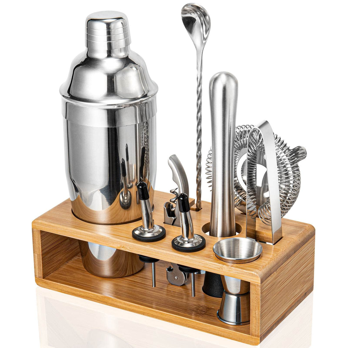Semderm Conjunto de cocteles con soporte de bambú para organización elegante.