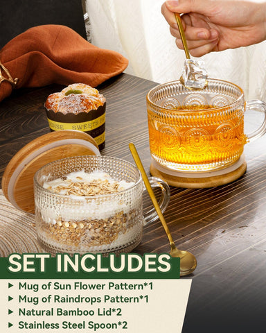 Semderm tazas de vidrio vintage con motivos grabados para un toque elegante.