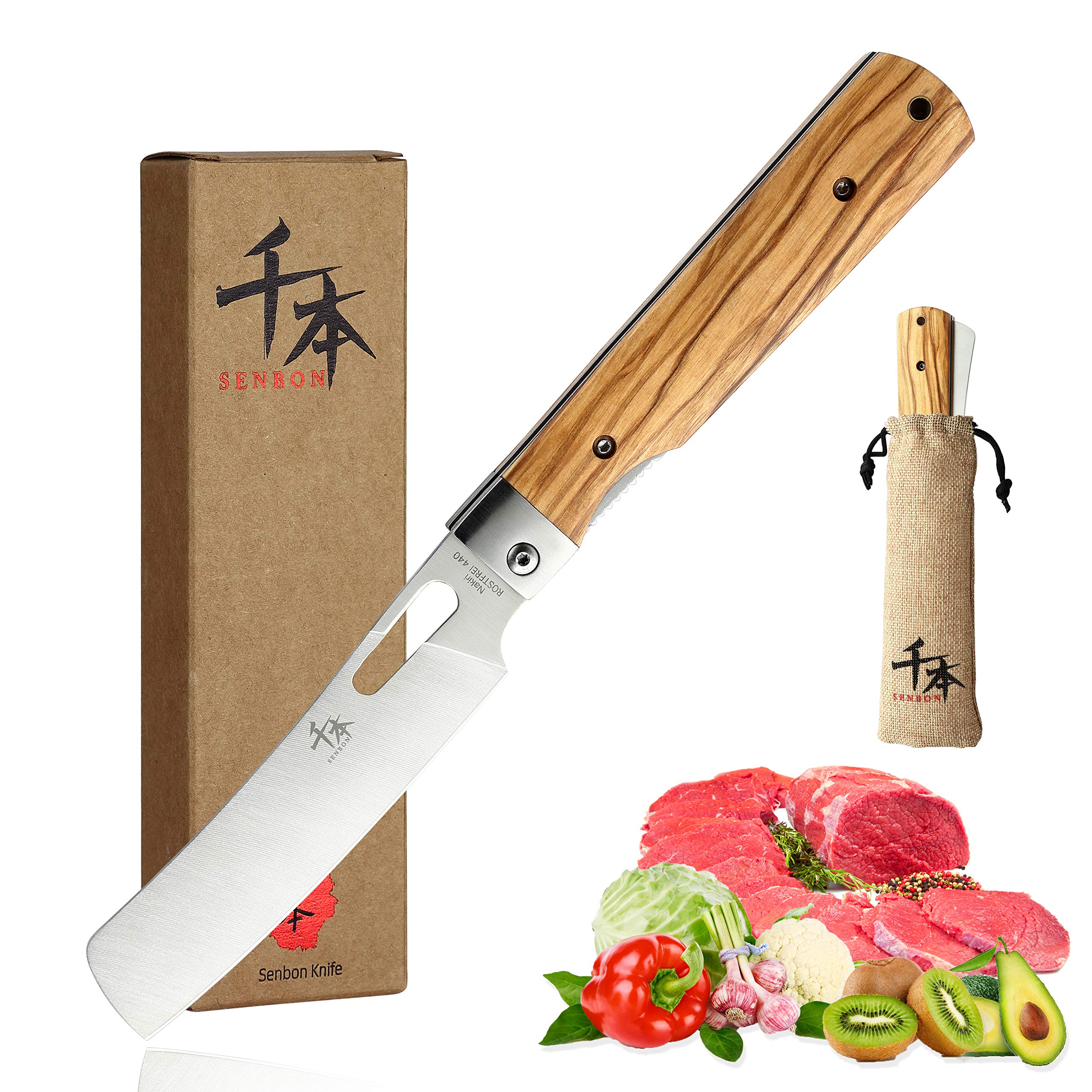 Senbon cuchillo plegable con mango de oliva, ideal para camping.