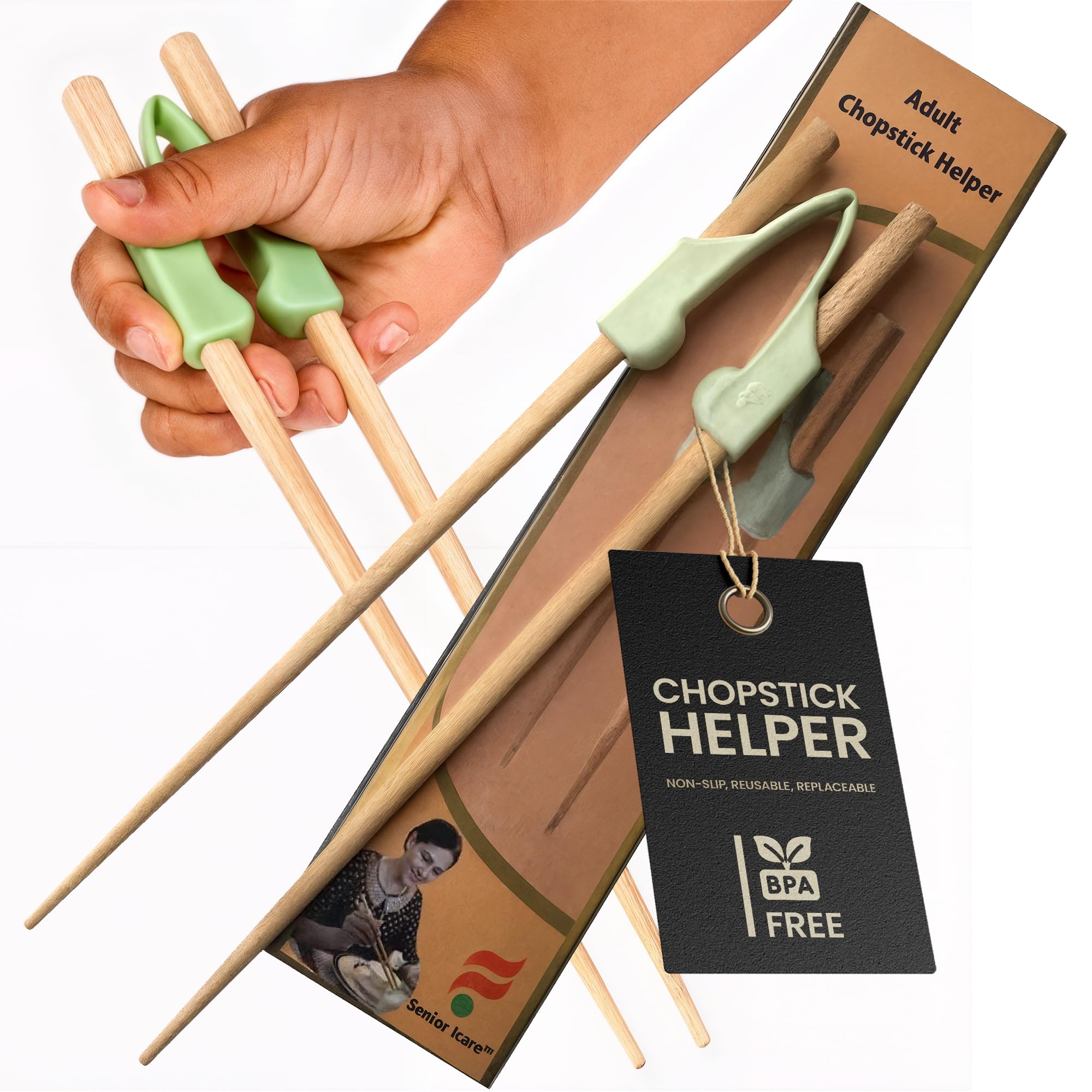 SENIOR ICARE Ayuda-palillos, vista frontal, facilita práctica inicial para sushi y otros platos.