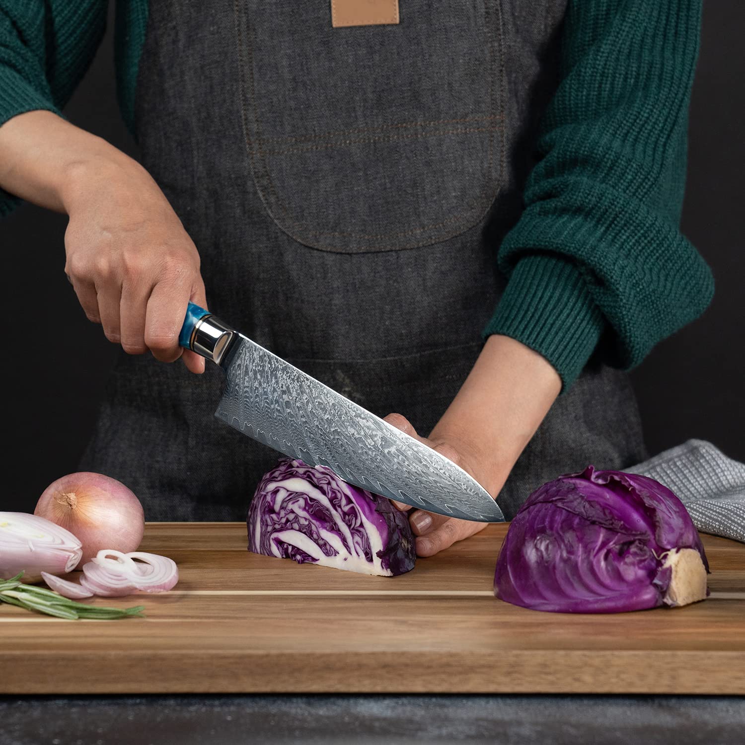 Cuchillo cocinero Senken Damascus Tsunami, herramienta versátil