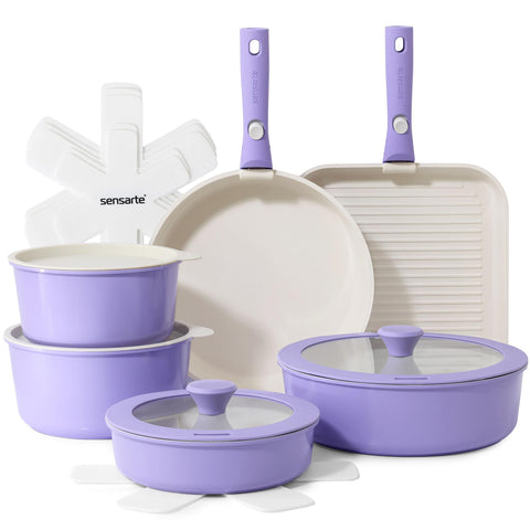 SENSARTE juego 17 piezas de ollas y sartenes cerámicas para cocinar con menos aceite