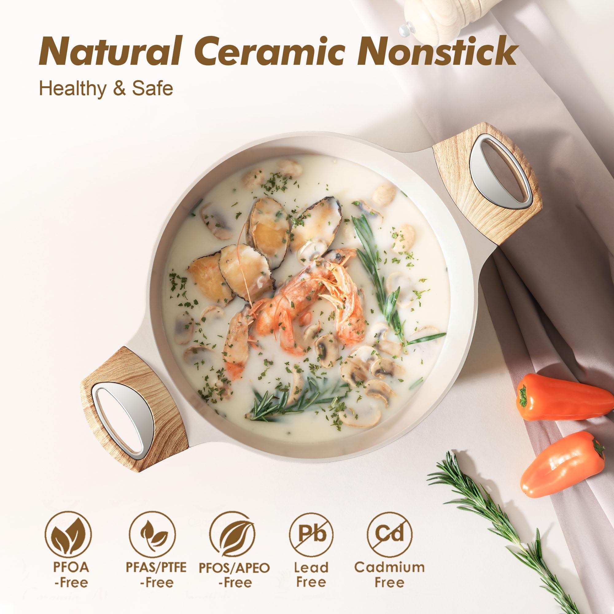 Olla SENSARTE cerámica sin teflón 4.5 qt con tapa, perfecta para hervidos y salsas.
