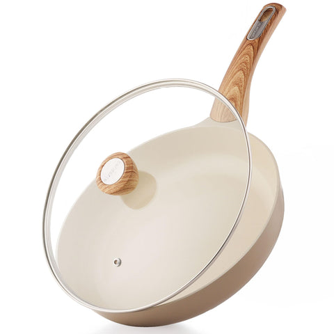 SENSARTE Sartén cerámica de 11 pulgadas con tapa, ideal para saltear sin mucho aceite.