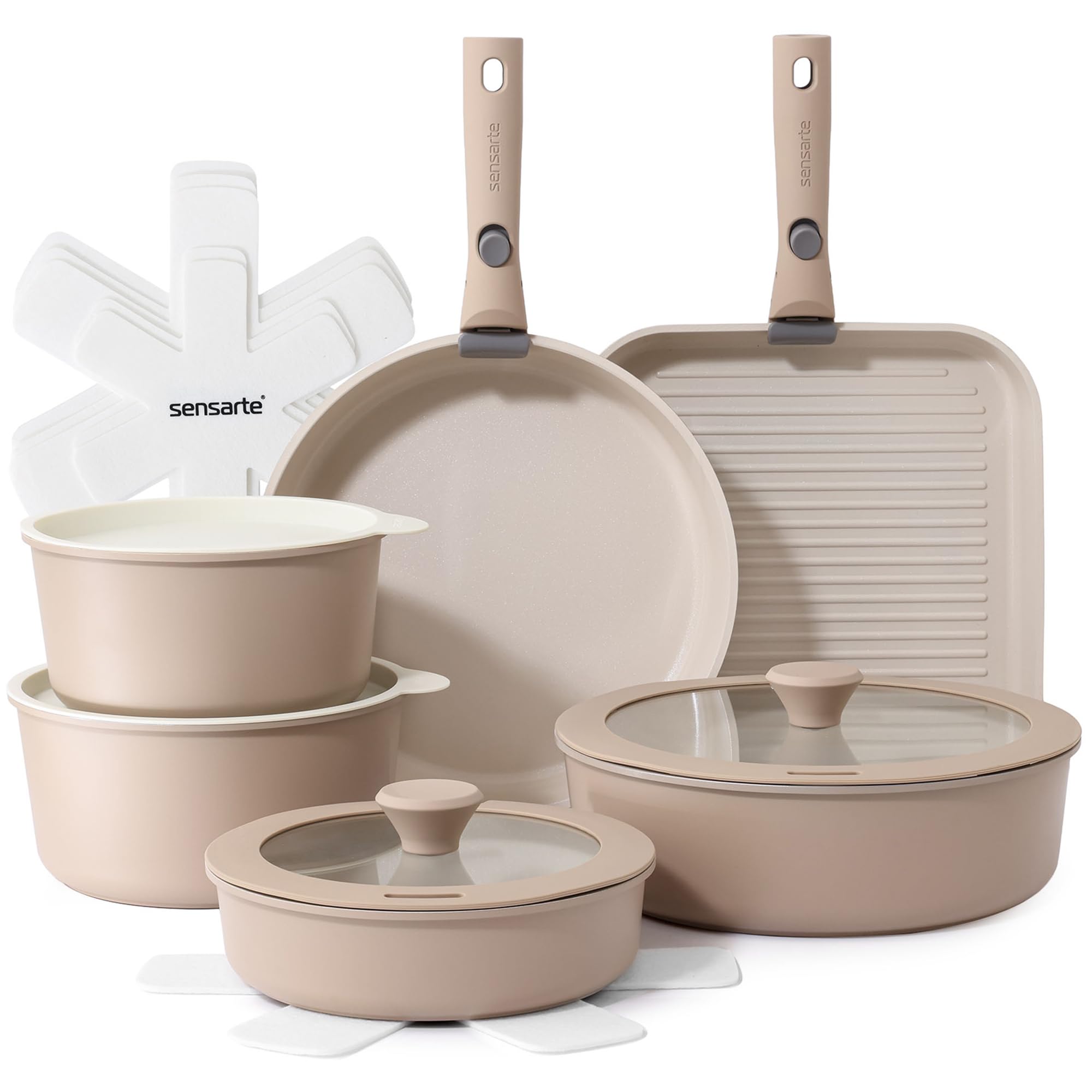 SENSARTE set de ollas cerámicas 17 piezas Almendra-Beige para cocina espaciosa.