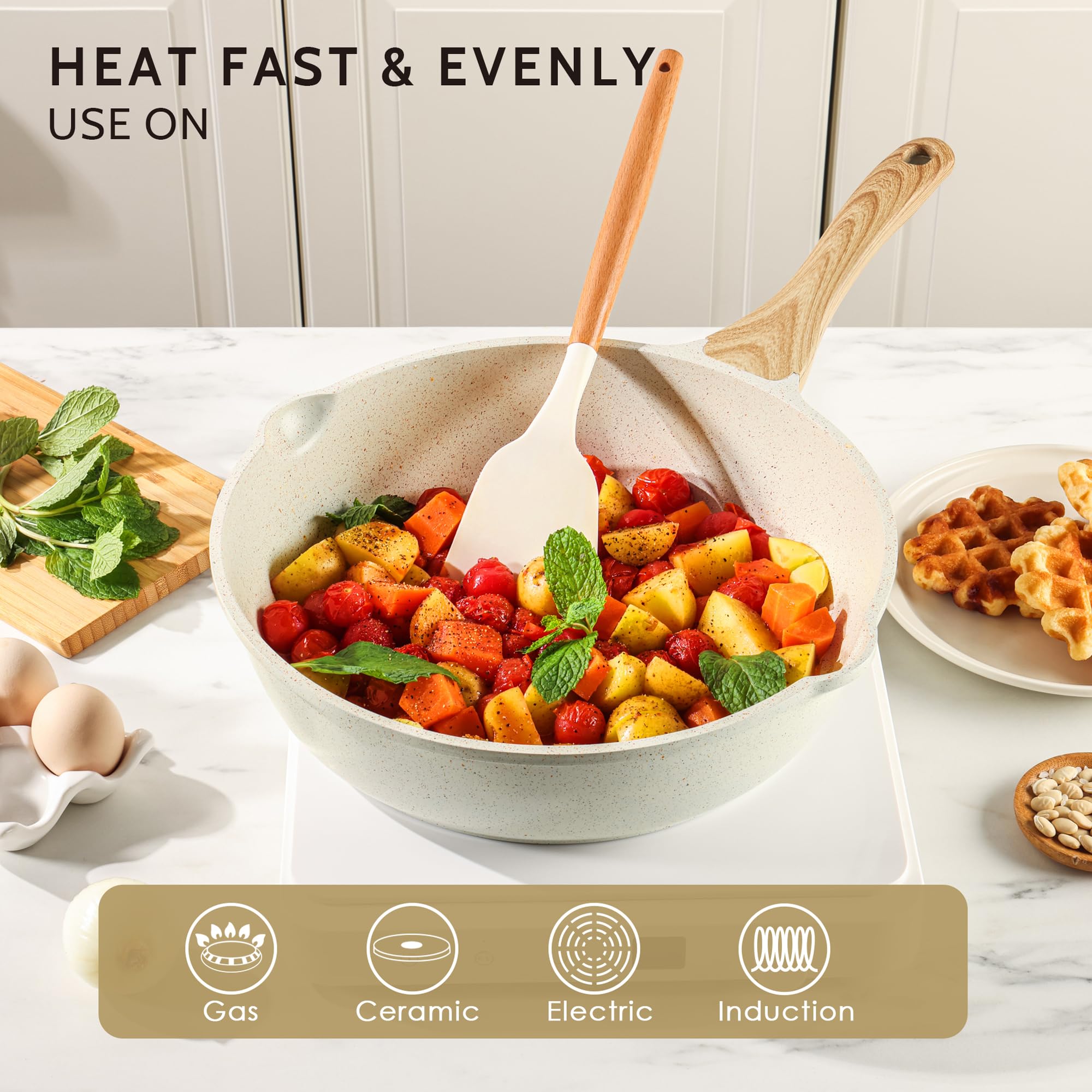 SENSARTE tapa de vidrio templado permite vigilar cocción sin perder calor.