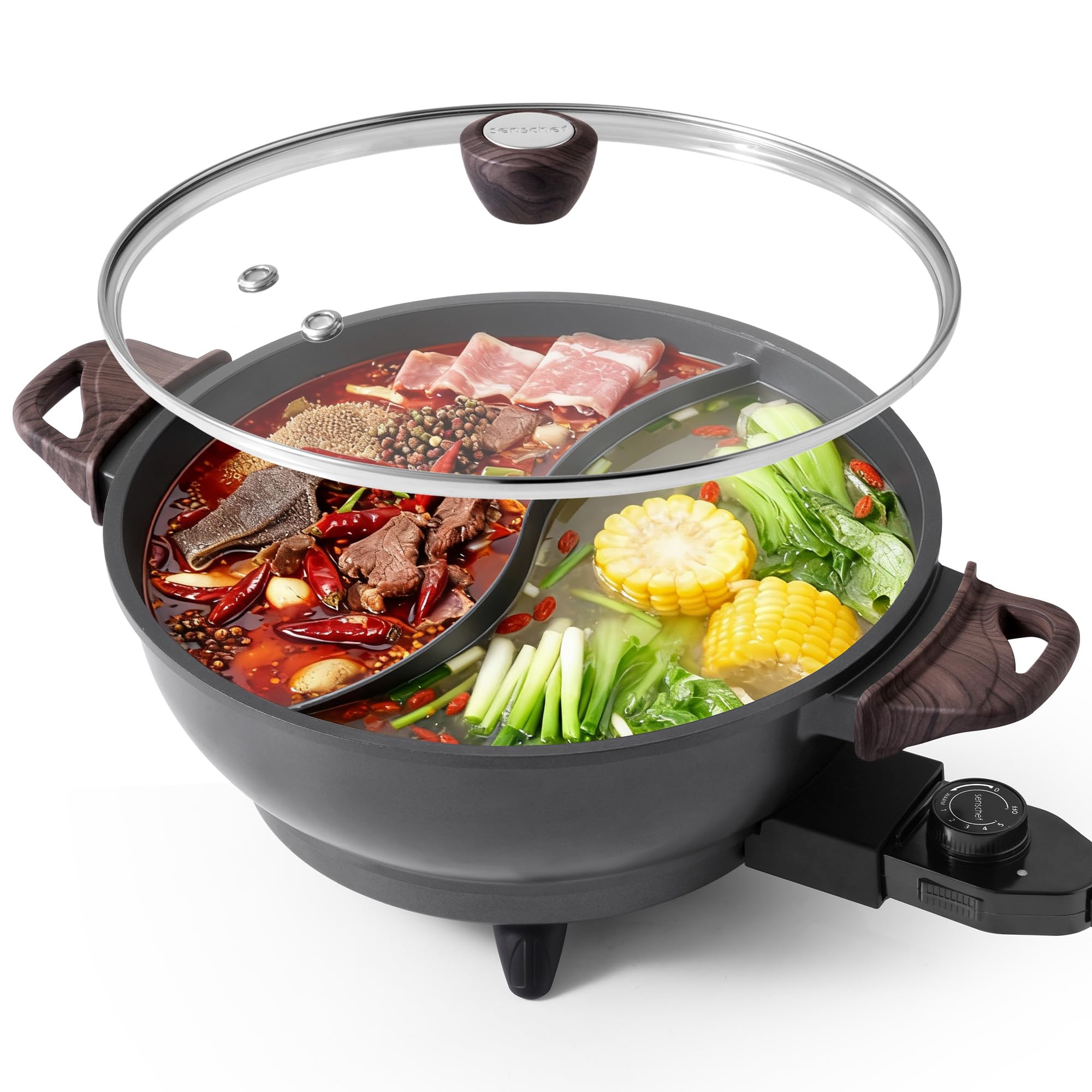 Olla SENSCHEF Twin con divisor para caldos separados, sabor intenso sin mezcla.
