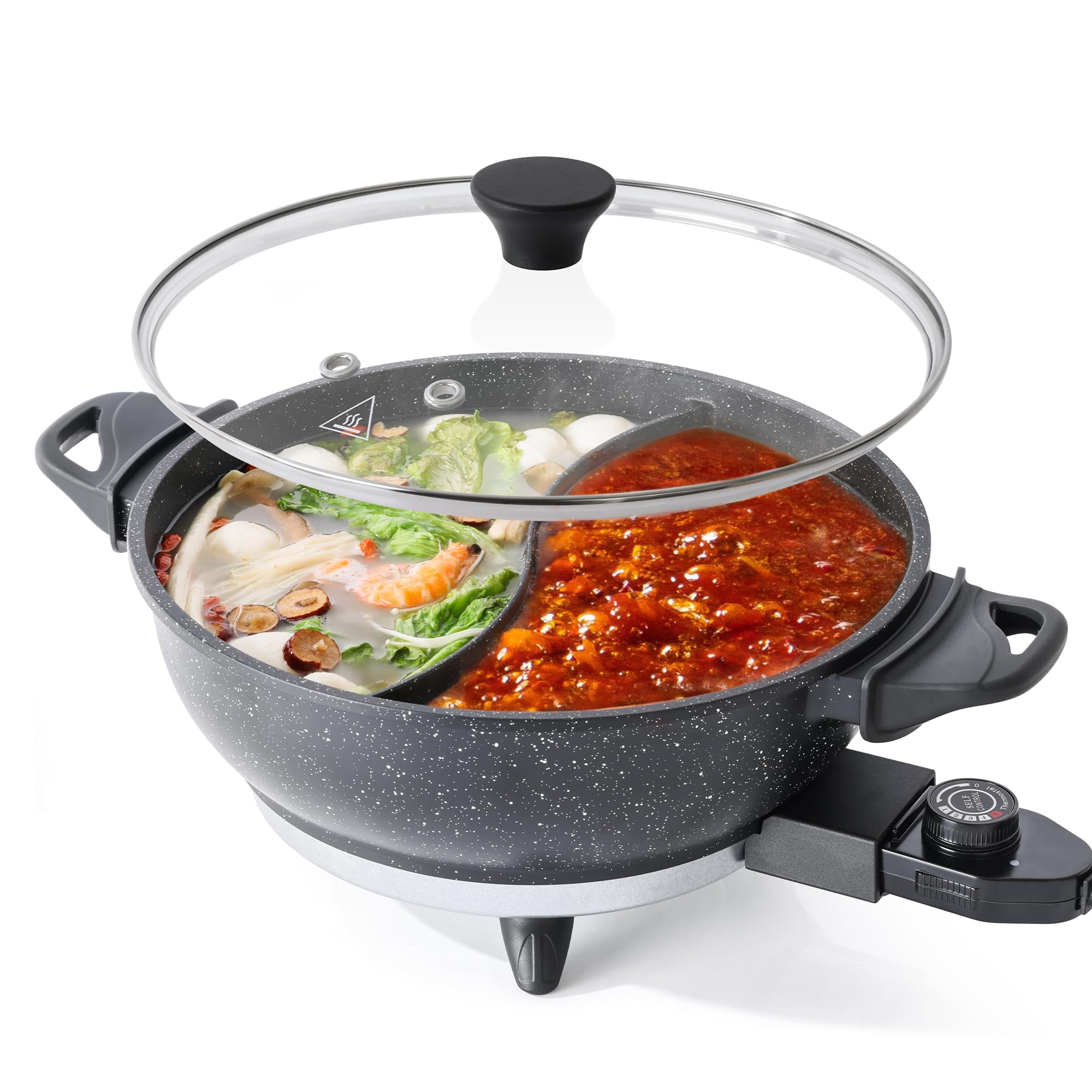 Senschef TWIN olla eléctrica con divisor para dos caldos, ideal para cenas familiares.