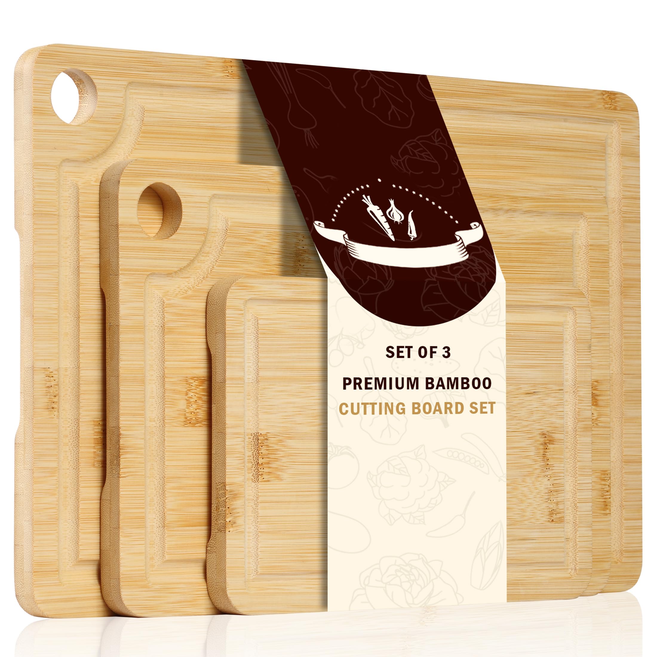 Tabla Sentk grande de bambú con ranuras para jugos, ideal para carnes.
